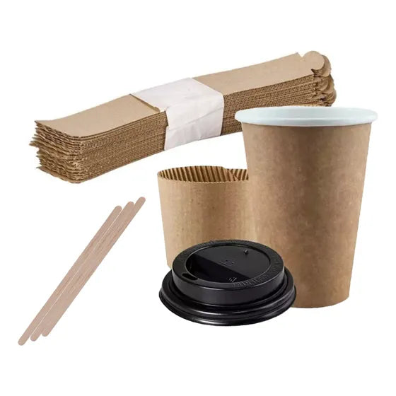100 | Vaso Polipapel Kraft 8oz Con Tapa, Collarin Y Agitador Kraft